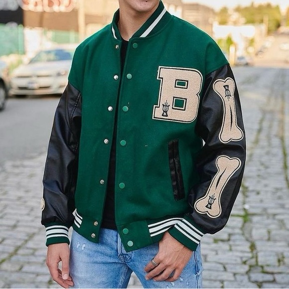 Aelfric Eden Vintage Bone PU Flocking Varsity Jacket - Picture 1 of 6